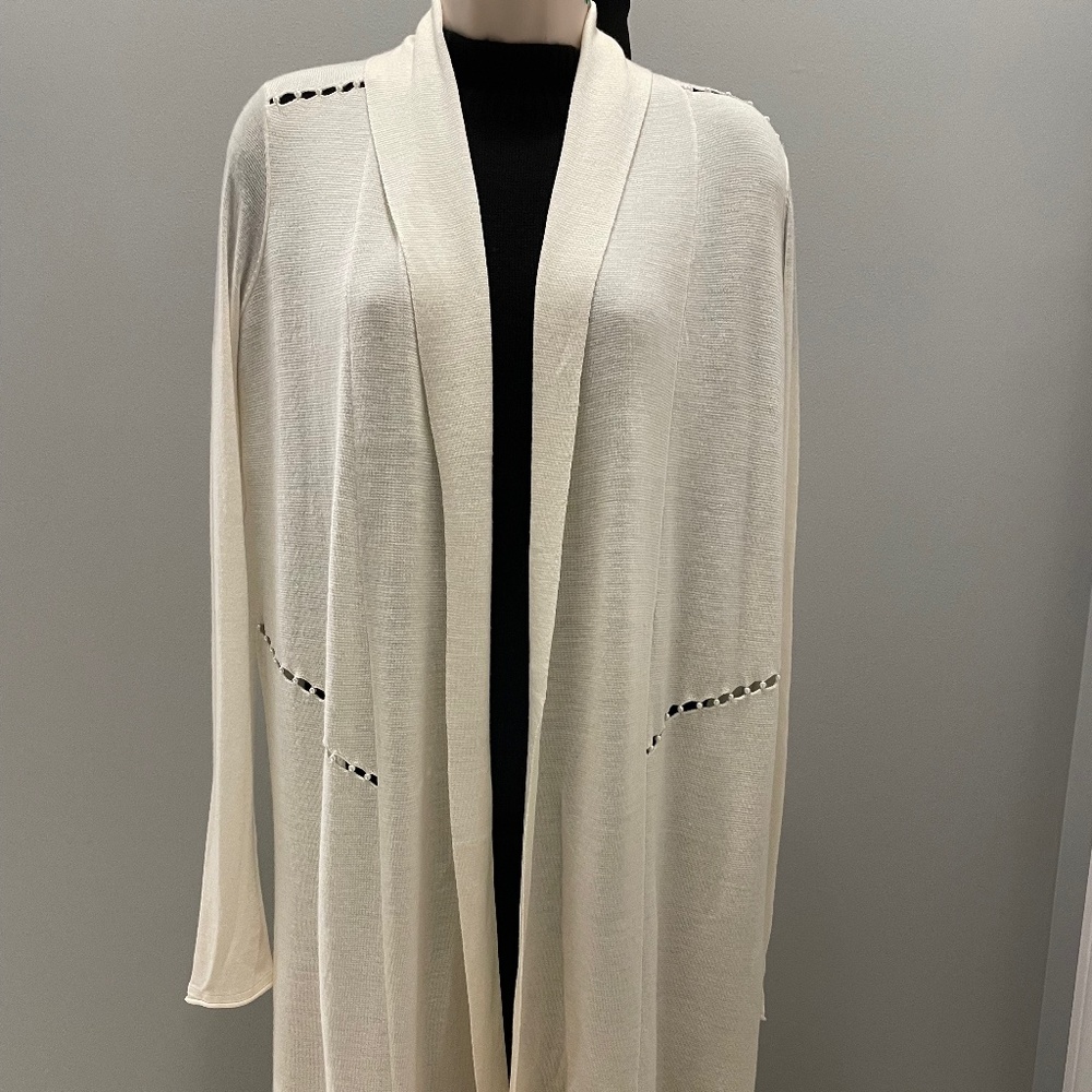 Elie Tahari Elegant Ivory Long Wool Sheer Cardigan Pearl Detail Women's XS